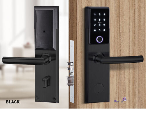 Serrure de porte intelligente Bluetooth ignifuge noire argent avec carte, code, empreinte digitale, application, WiFi, poids brut 285 kg, système d'entrée sécurisé