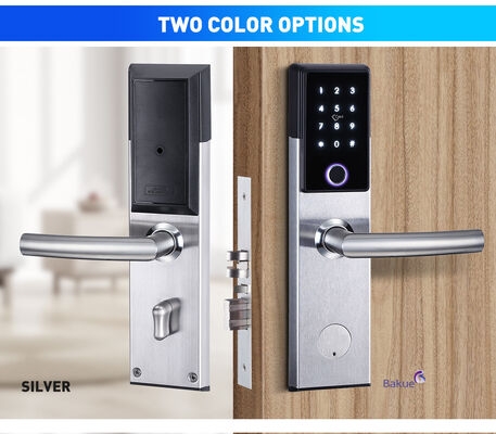 Serrure de porte intelligente Bluetooth ignifuge noire argent avec carte, code, empreinte digitale, application, WiFi, poids brut 285 kg, système d'entrée sécurisé